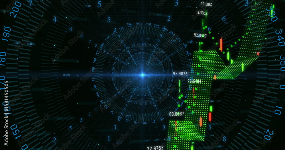 Poster 3d candlestick arrow pointing upward in interface with radial grid and numeric readouts, copy space