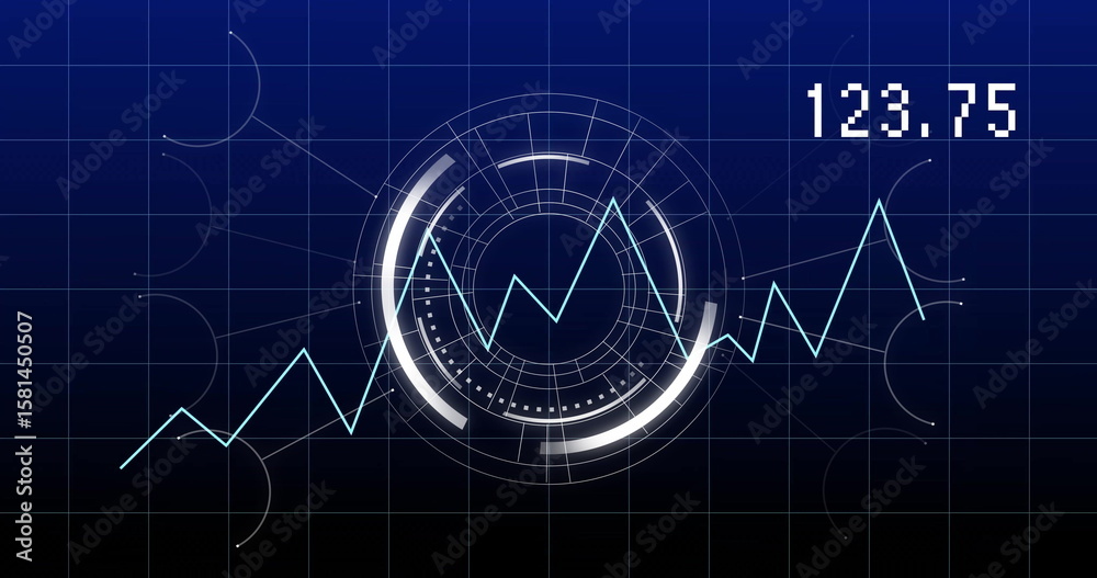 Poster displaying circular hud charting line graph in digital dashboard environment, with numeric readout