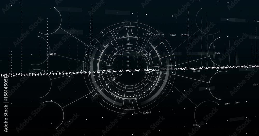 Poster showing concentric data visualization interface on digital display, with waveform, numeric labels