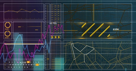 Displaying analytics interface panels on grid backdrop, with line charts and circular gauges