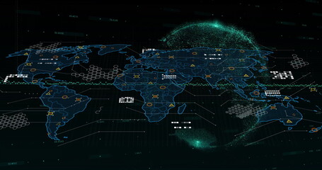 Displaying holographic world map floating on control dashboard, with translucent hex grid