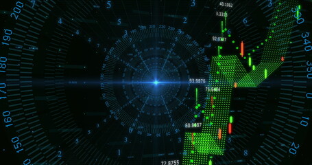 3D candlestick arrow pointing upward in interface with radial grid and numeric readouts, copy space