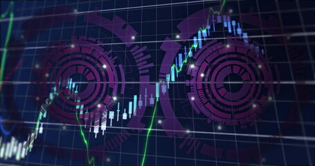Displaying chart on trading platform with candlesticks, neon green line graph, circular HUDs