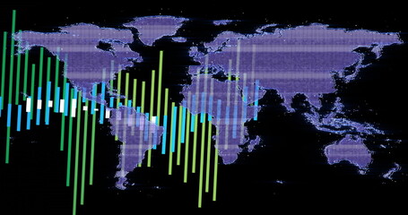 Displaying world dot map with gridlines on panel, featuring green, light-green, blue and white bars