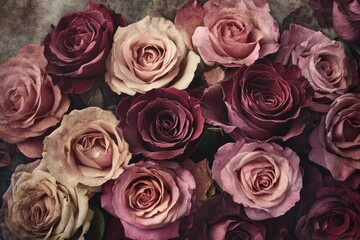 Close-up of many roses, various shades
