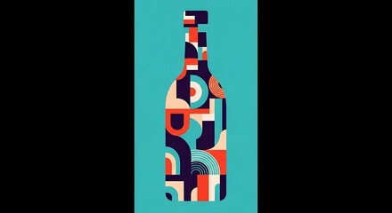 Abstract Geometric Pattern Wine Bottle Illustration on Turquoise Background