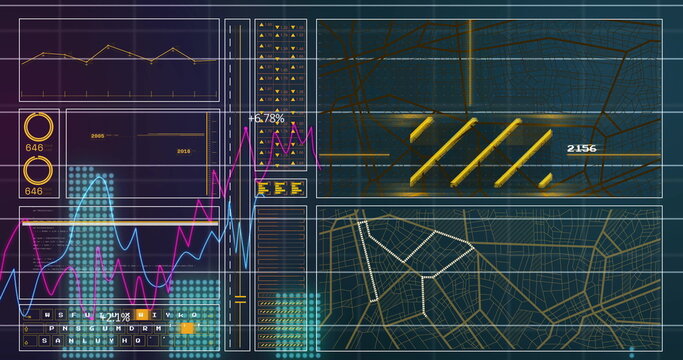 Displaying analytics interface panels on grid backdrop, with line charts and circular gauges