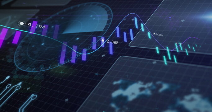 Displaying purple cyan candlesticks in trading dashboard, with teal trend line labels map panel - Powered by Adobe