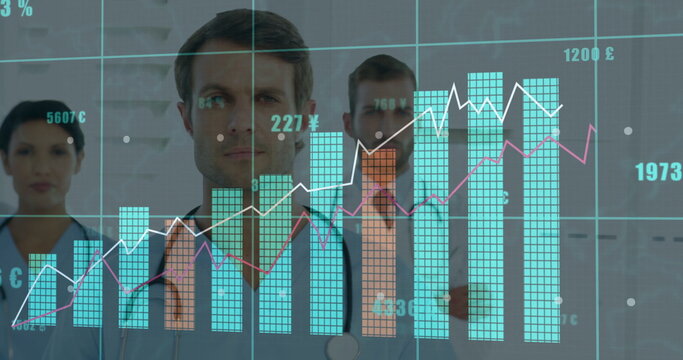 Medical team studying bar charts and line graphs in clinic, with transparent display € ¥ £ - Powered by Adobe