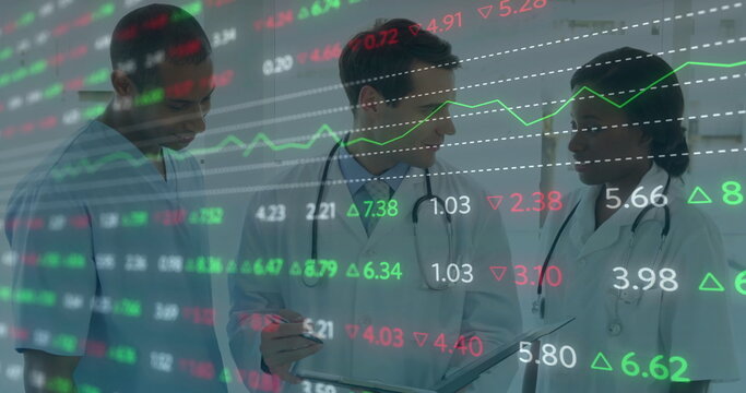 Medical team analyzing stock ticker overlay on clipboard in hospital hallway, with stethoscopes