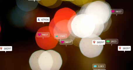 Displaying heart thumbs-up follower icons over urban bokeh background, with numeric counters