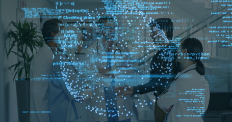 Shaking hands head surgeon and tech consultant meeting in hospital corridor, with code overlay