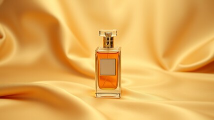 Naklejka premium Elegant perfume bottle showcased on a golden silk backdrop exudes luxury and sophistication for beauty and personal care products.