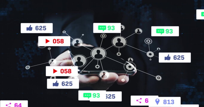 Holding smartphone man interacting with social media icons connecting avatars on digital backdrop