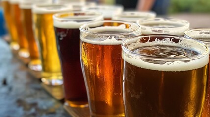 Variety of Craft Beers in Glasses with Rich Colors and Foam, Bar Menu, Beverage Advertisement, Party Event, Restaurant Background

