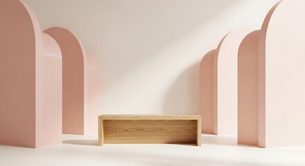 Elegant Geometric Display Minimalist Wood Platform with Arched Backdrops for Product Showcase