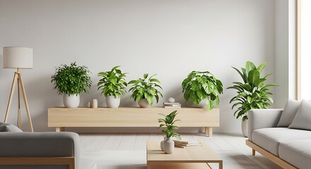 Serene Living Room Interior with Green Plants and Natural Wood Accents
