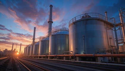 Obraz premium Industrial Sunset: Refinery Silhouettes at Dusk