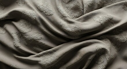Draped grey fabric with irregular rough lightcolored textured patches across its surface