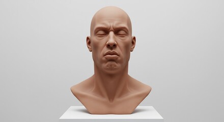 Hyperrealistic bald male bust with closed eyes and strained expression on a white pedestal against a light gray background