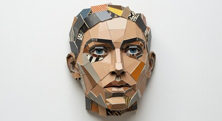 Geometric collage portrait of a persons head made from varied paper pieces featuring blue eyes on a white background