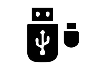 The image displays a solid black icon of a USB flash drive and a USB cable plug. On the left side is a USB stick with the well-known USB trident symbol engraved on its surface