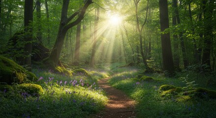Sunlight pierces the morning mist in an autumn forest, illuminating a serene path through green woods