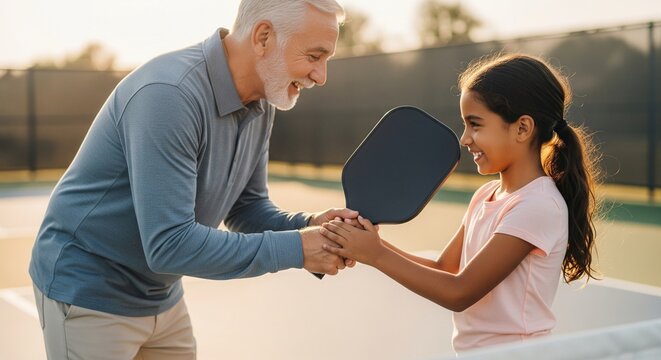 Joyful Exchange on the Court: A heartwarming scene unfolds as a grandfather and his granddaughter share a paddle on a vibrant tennis court, fostering the bonds of family through recreational sports.