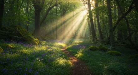 Fototapeta premium Sun rays pierce through the morning mist in an autumn forest, illuminating a serene path beside a gentle river