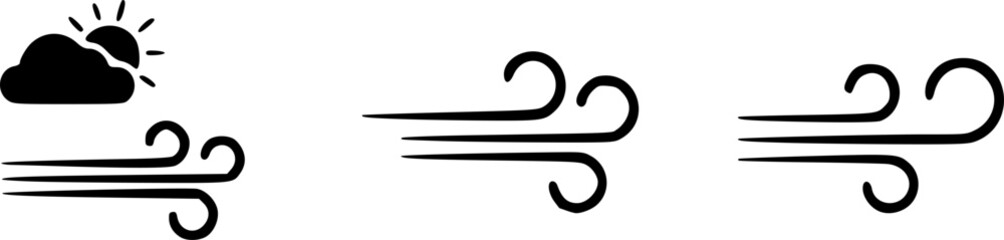 Wind blow line icon set, fresh cloud air speed symbol. Wind blow air line sign. Windy weather symbol
