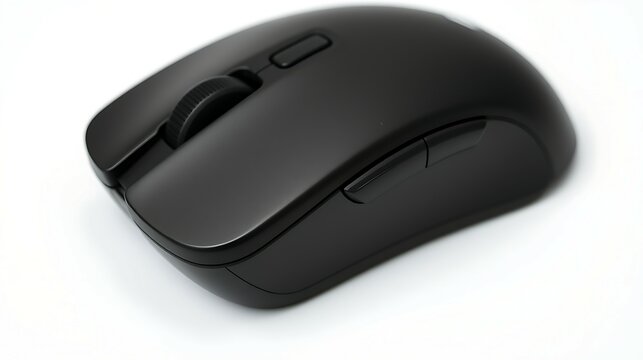 Sleek black wireless computer mouse sits on a white surface, ready for computing and digital work with ergonomic design.