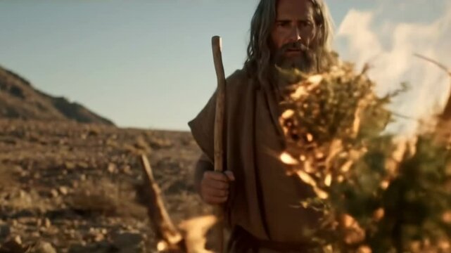 Bible legend of burning bush. Moses encountering God on Mount Horeb. God commissions Moses to lead the Israelites