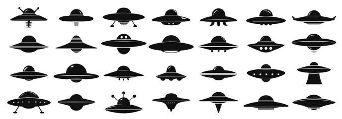 UFO black logo set. Simple alien flying saucer icon silhouette, space exploring vector symbols