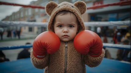 Adorable toddler wearing a brown bear costume with red boxing gloves standing in a boxing ring with a serious expression, perfect for concepts of determination, strength, humor, and childhood

