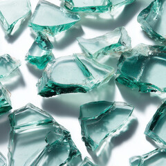 Green Tinted Glass Shards Scattered on White