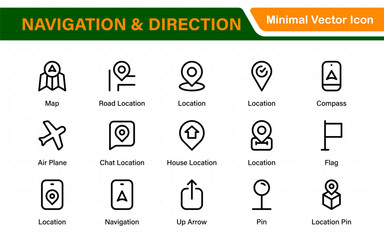 Navigation and Direction Line Icons vector. symbol of map location, Route, Marker, road trip, and navigate icons. Pinpoint. Location icon. Map place marker. pointer GPS location symbol.