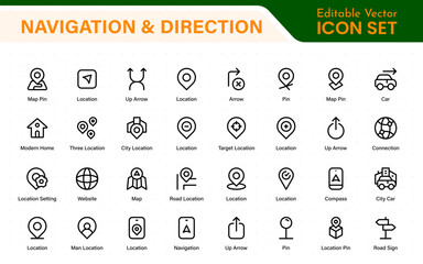 Navigation and Direction Line Icons vector. symbol of map location, Route, Marker, road trip, and navigate icons. Pinpoint. Location icon. Map place marker. pointer GPS location symbol.