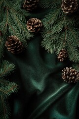 Dark green velvet draped with pine boughs and cones