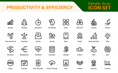 Productivity and Efficiency icon collection. Set line icons with editable stroke. Business planning, success, goal achievement. Charts, communication, chat, speedometer