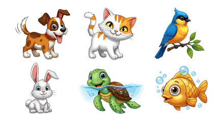 Naklejka premium Collection of cartoon animals including a dog, cat, bird, rabbit, turtle, and goldfish illustration