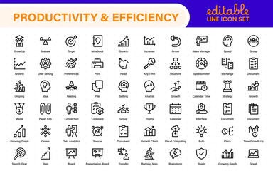 Productivity and Efficiency icon collection. Set line icons with editable stroke. Business planning, success, goal achievement. Charts, communication, chat, speedometer