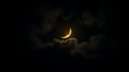 Crescent moon radiates light through dark clouds, a beautiful celestial wonder during nighttime.