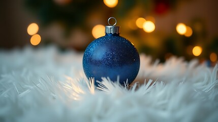 Beautiful blue Christmas ornament rests on a soft white faux fur with sparkling tree lights in the background.