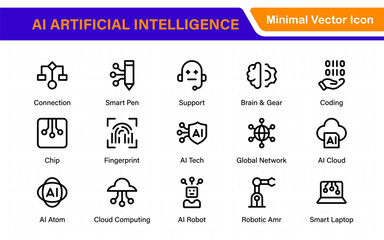 Obraz premium Set of Ai artificial intelligence icon set vector collection. AI Essentials line Icon collection, artificial intelligence icon set in line style, machine learning, smart robotic Free Vector
