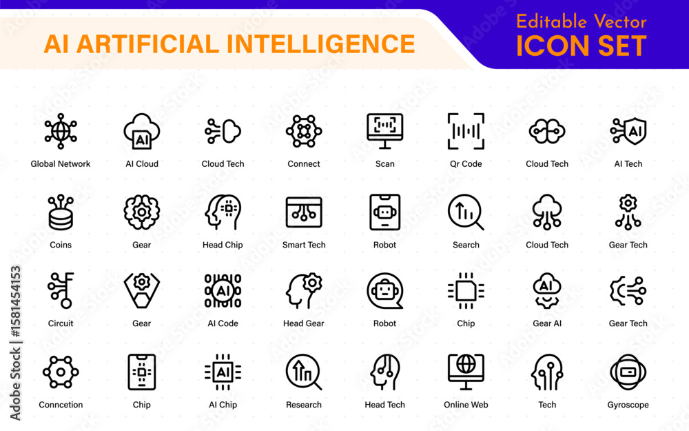 Poster set of ai artificial intelligence icon set vector collection. ai essentials line icon collection, ar