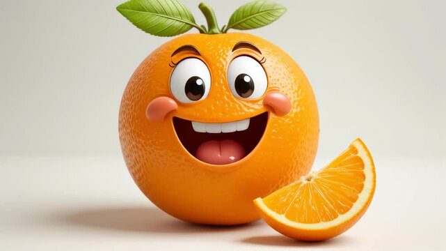 Cheerful cartoon orange character smiling with slice studio background fun graphic whimsical concept