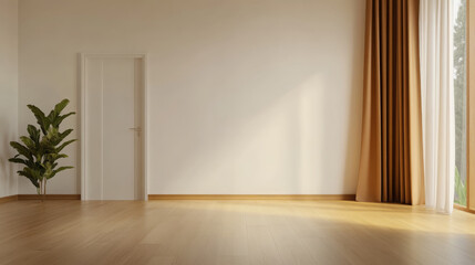 Minimalist white room with wooden floor, large window, brown curtain, indoor plant