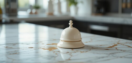 Cream-colored ceramic desk bell placed on a white marble countertop with faint brown stains, with a modern kitchen in the background.