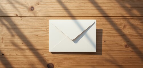 White envelope placed on a wooden table with sunlight streaming through a window, casting shadows across it, creating a warm and personal atmosphere.