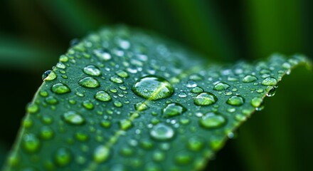 Lush green leaves glistening with fresh dew drops, showcasing nature's intricate detail